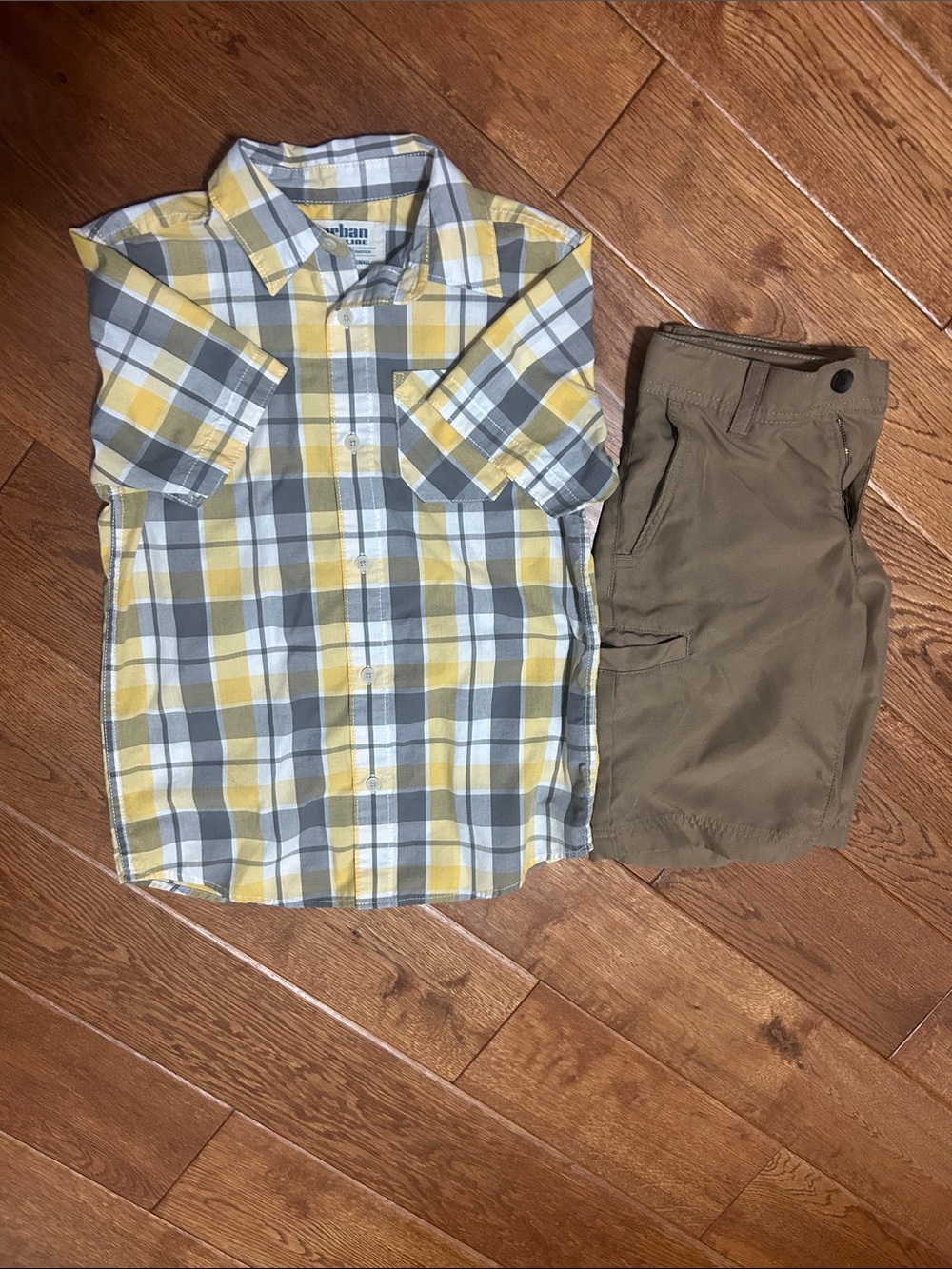 urban pipeline Boys Yellow Gray Plaid Shirt with Brown Shorts